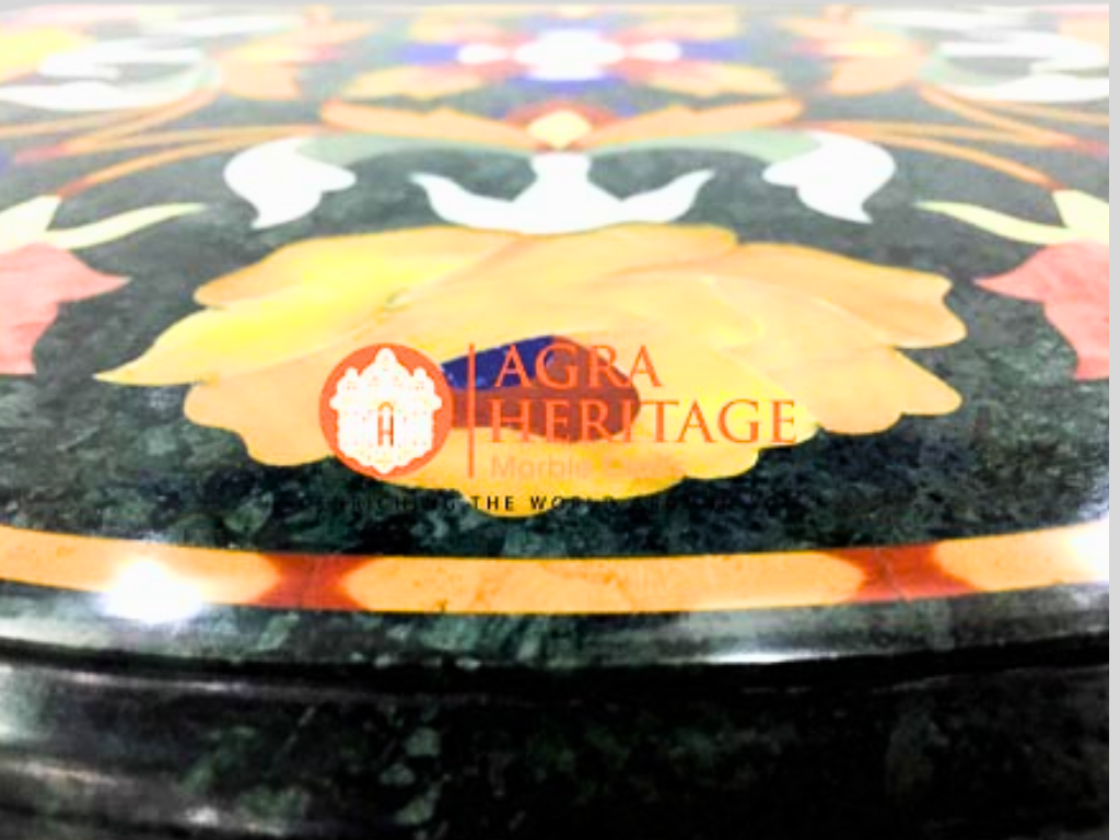 Black Marble Coffee Table Top Inlay Floral Art Kitchen Decor